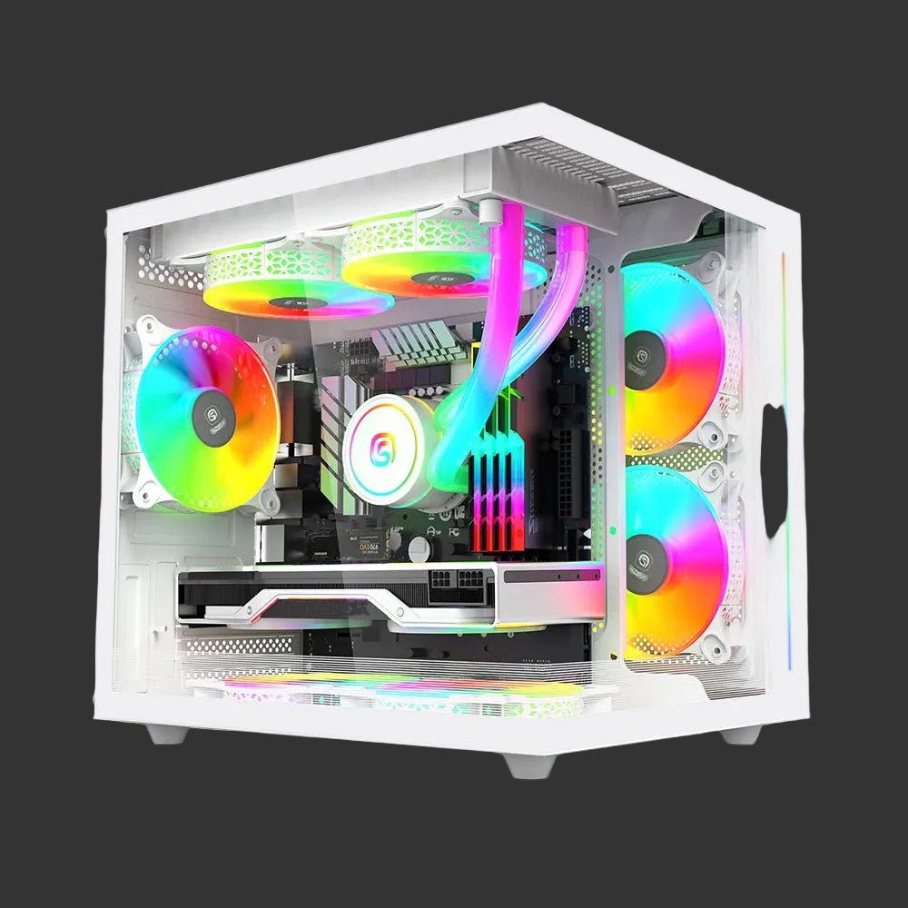 Glossy white computer case with RGB lighting on a white background