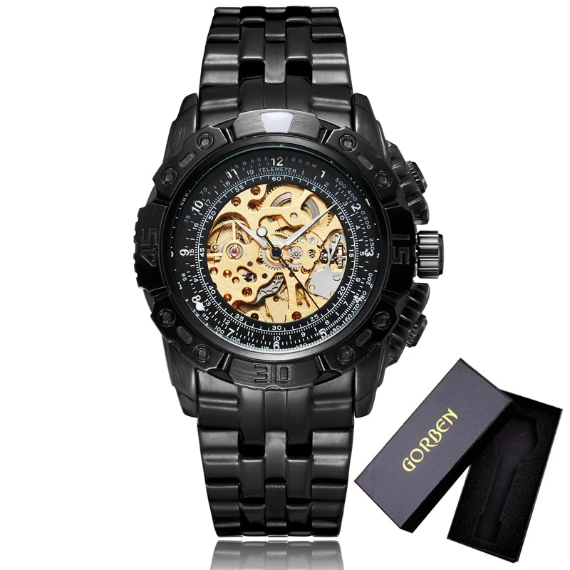 Luxury Silver Gold Automatic Mechanical Watch For Men Full Steel Skeleton Wristwatch Clock Over-sized Big