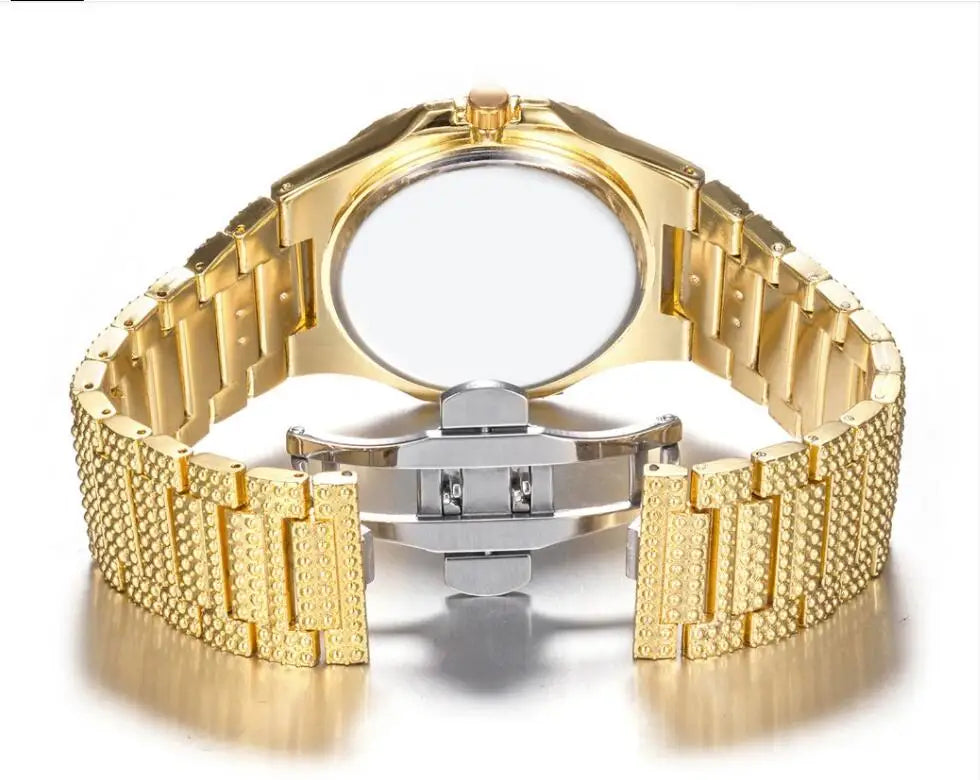 Iced Out Rounded Stainless Steel Rainbow Color Watch Quartz