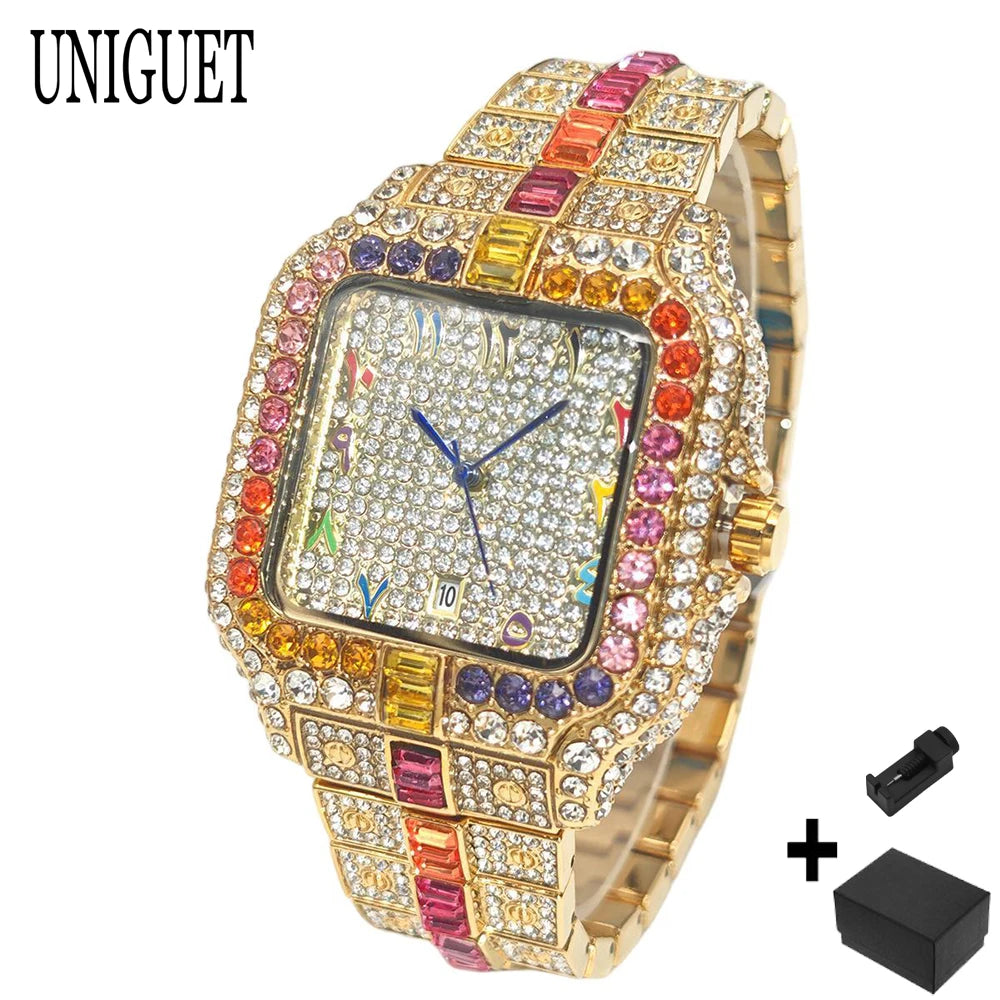 Rainbow Diamond Watches Men Fashion Full Ice