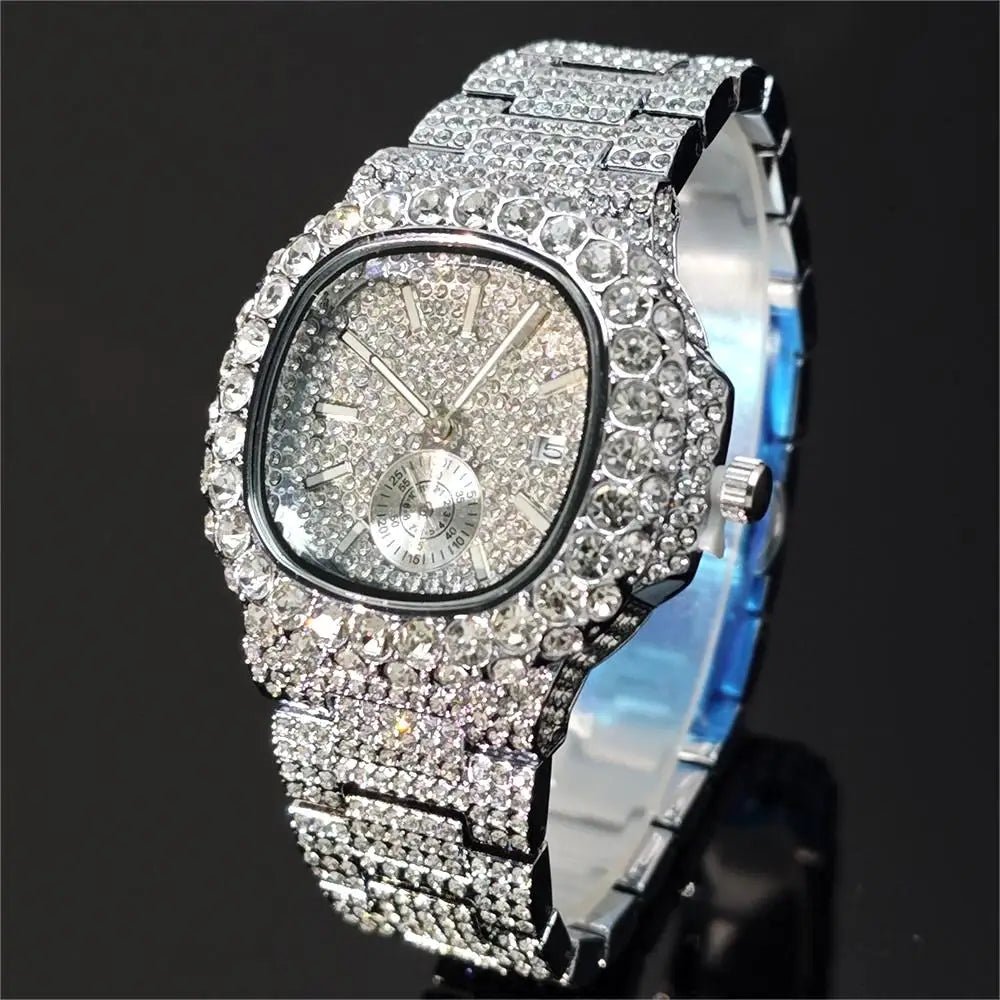 Luxury Iced Watch Mens Fashion Stainless Steel Gold Wristwatch