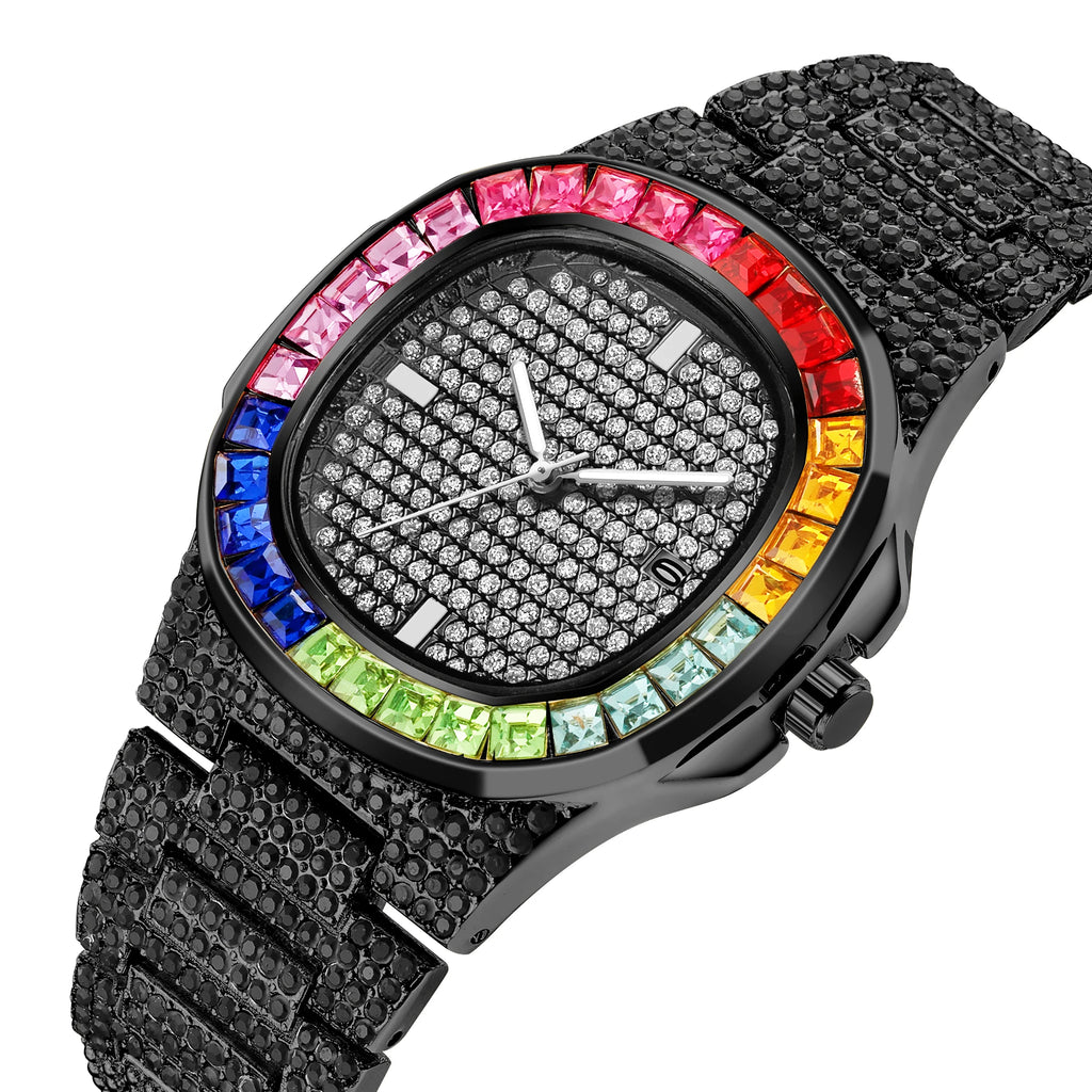 Iced Out Rounded Stainless Steel Rainbow Color Watch Quartz