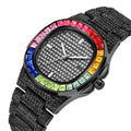 Iced Out Rounded Stainless Steel Rainbow Color Watch Quartz