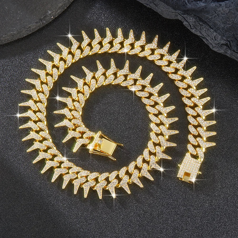Full Diamond 20mm Thorn Thorn Set Diamond Cuban Chain Punk Retro Hip Hop Chic Bracelet Collarbone Chain Hip Hop Accessory