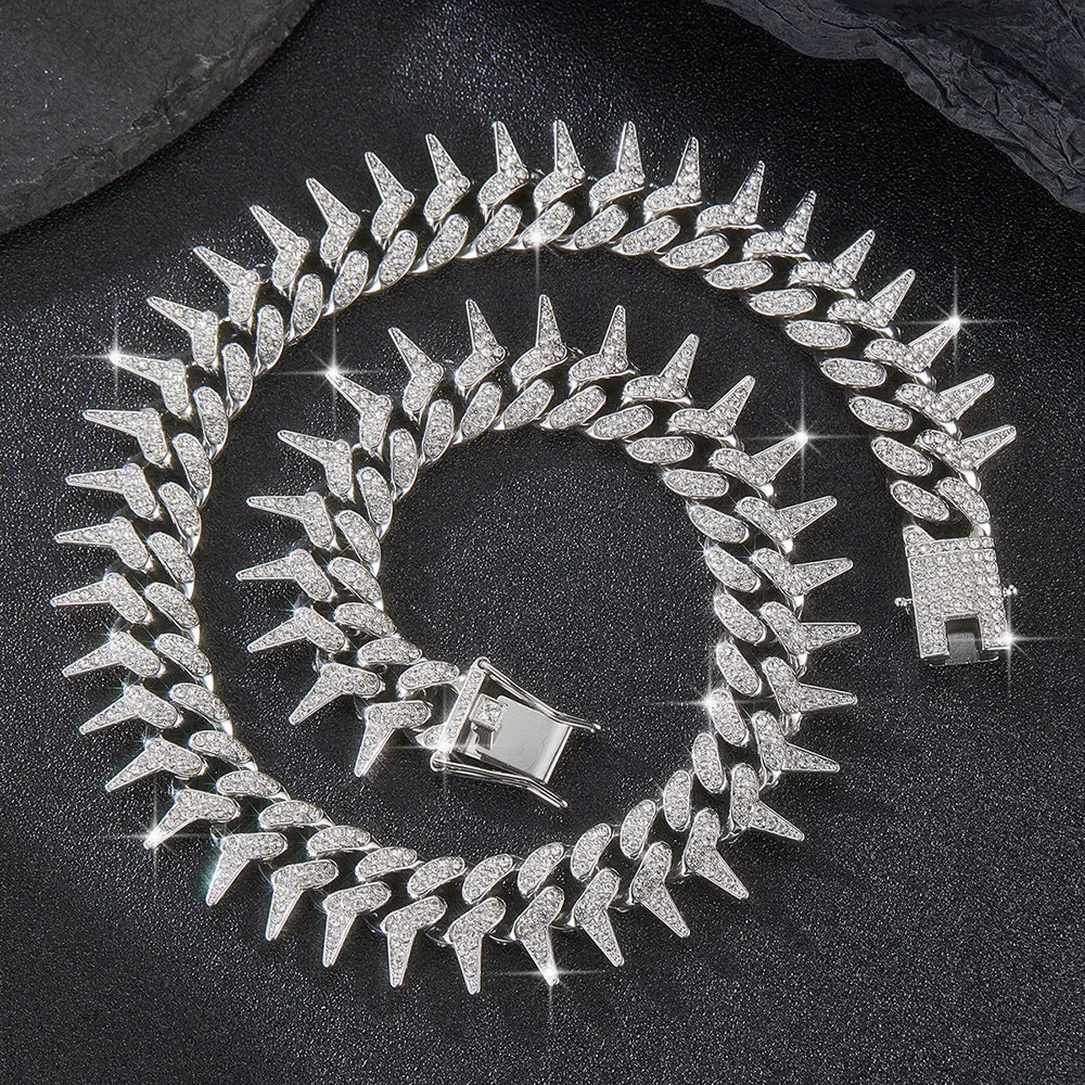 Full Diamond 20mm Thorn Thorn Set Diamond Cuban Chain Punk Retro Hip Hop Chic Bracelet Collarbone Chain Hip Hop Accessory