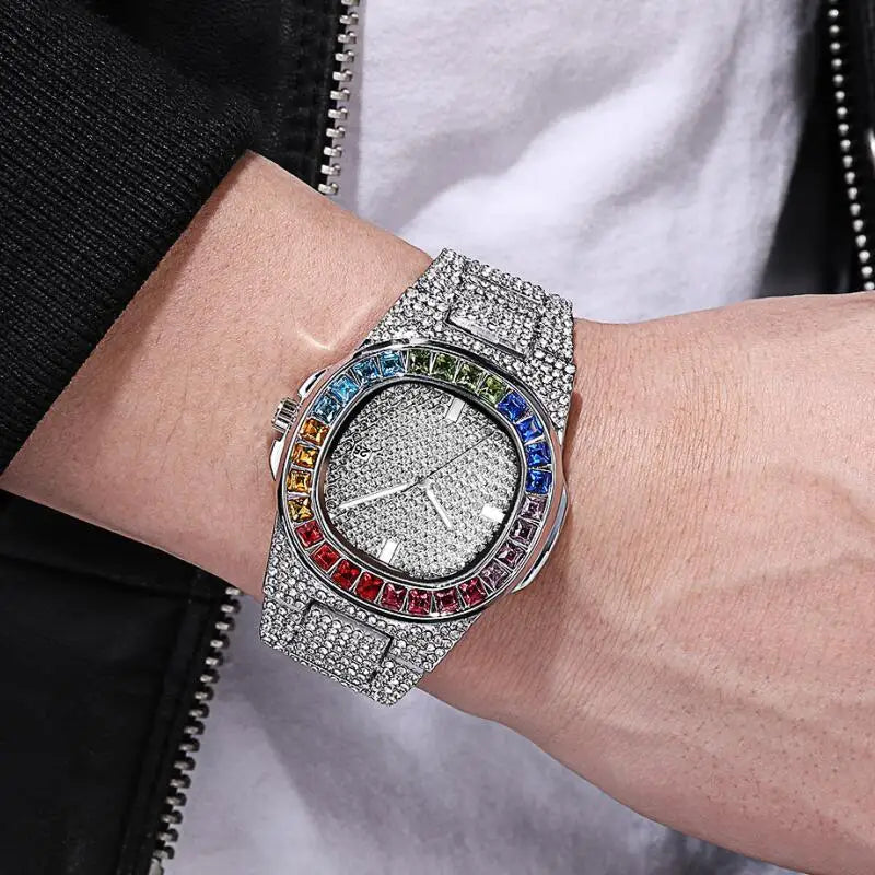 Iced Out Rounded Stainless Steel Rainbow Color Watch Quartz