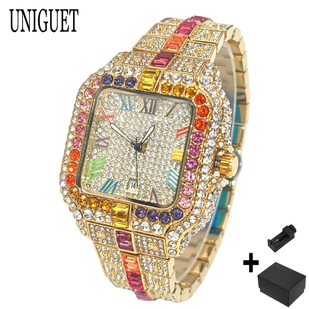 Rainbow Diamond Watches Men Fashion Full Ice