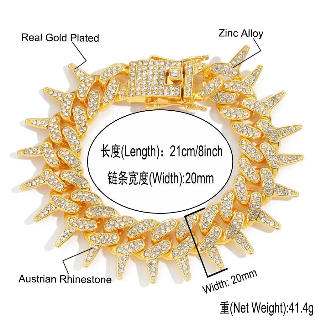 Full Diamond 20mm Thorn Thorn Set Diamond Cuban Chain Punk Retro Hip Hop Chic Bracelet Collarbone Chain Hip Hop Accessory