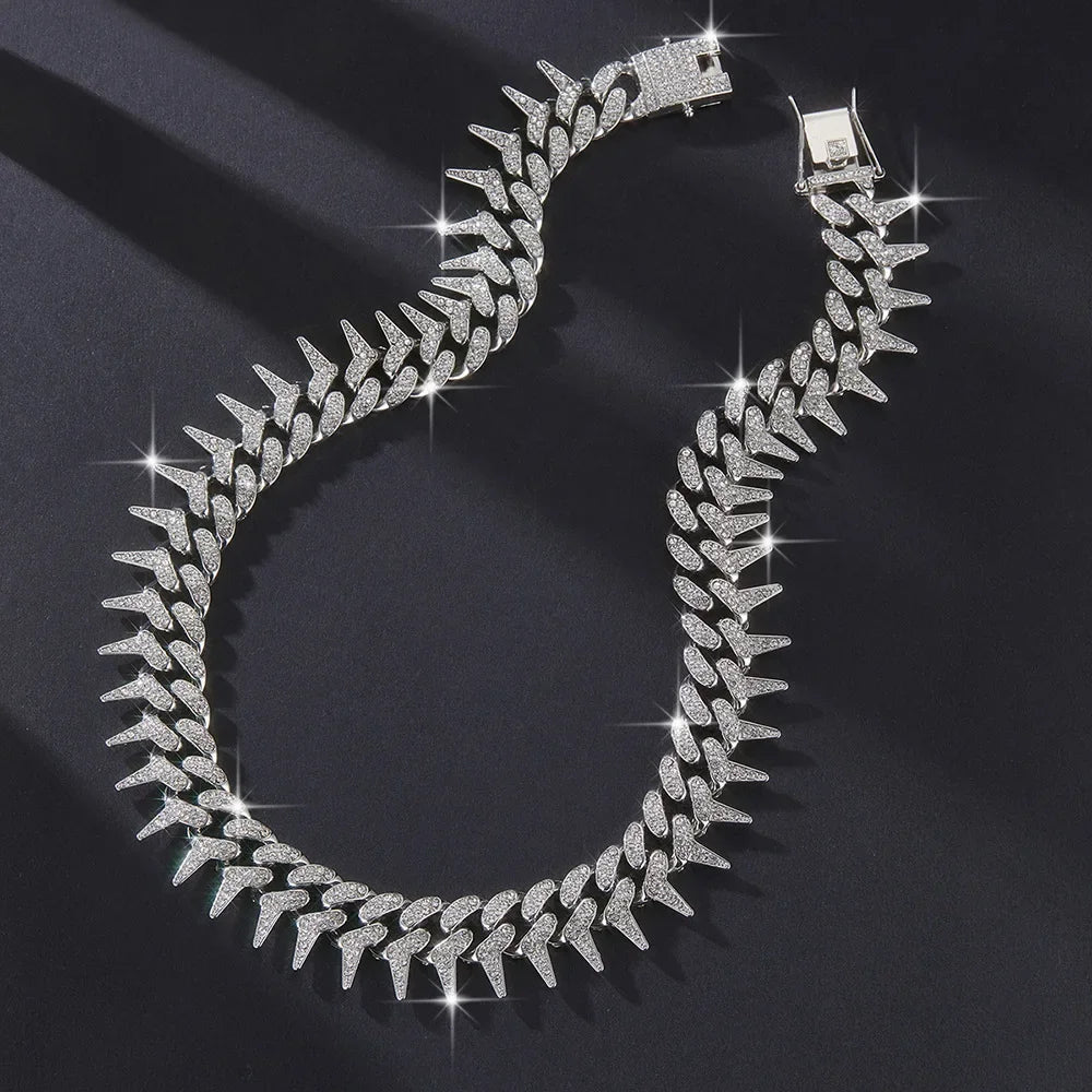 Full Diamond 20mm Thorn Thorn Set Diamond Cuban Chain Punk Retro Hip Hop Chic Bracelet Collarbone Chain Hip Hop Accessory