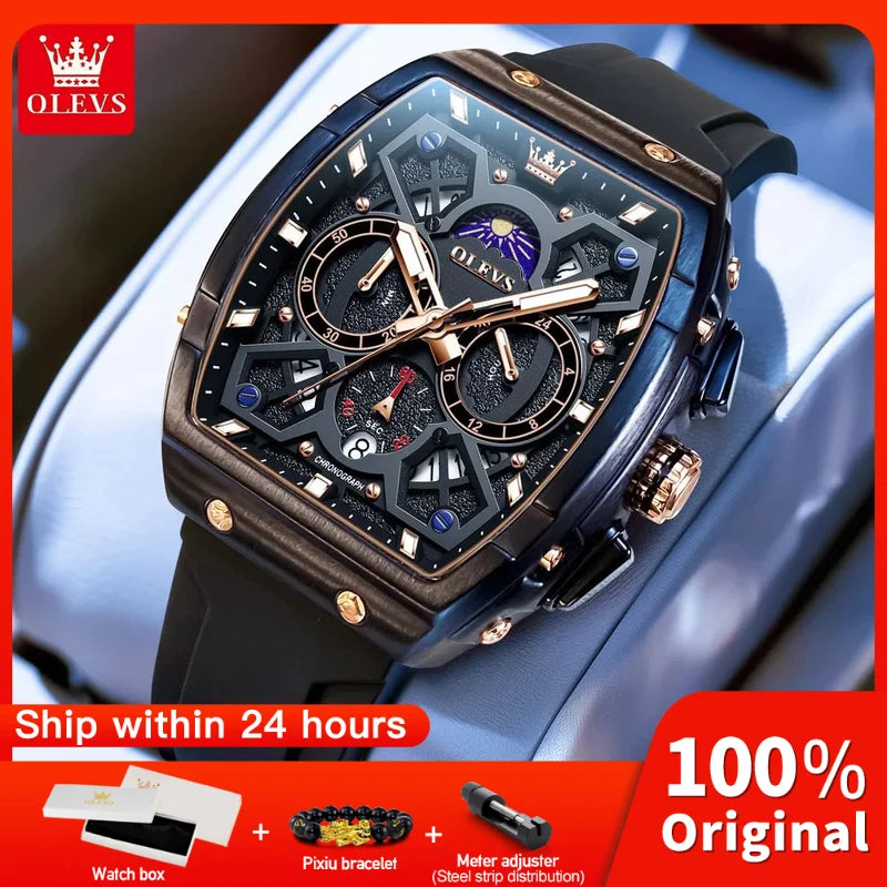 OLEVS Original Hollow Out Waterproof Watch Moon Phase Silicone Strap
