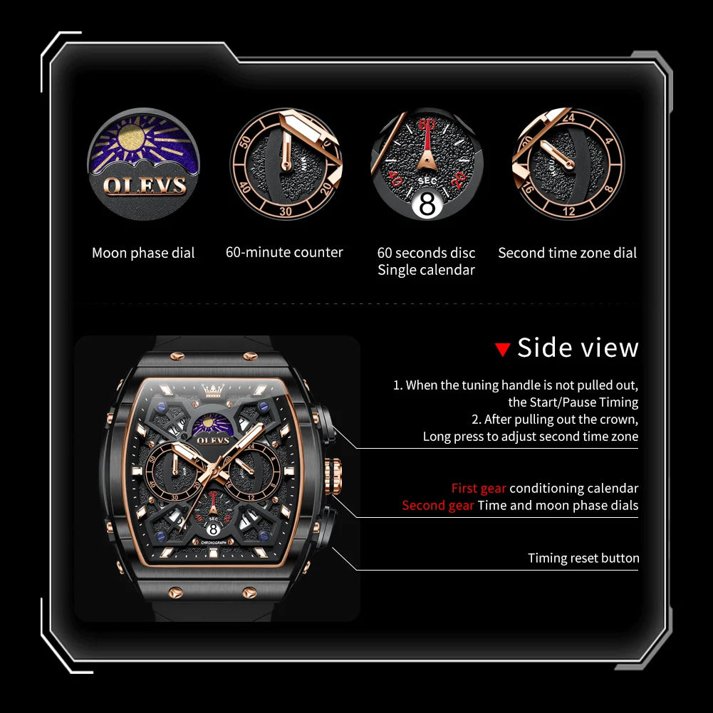 OLEVS Original Hollow Out Waterproof Watch Moon Phase Silicone Strap
