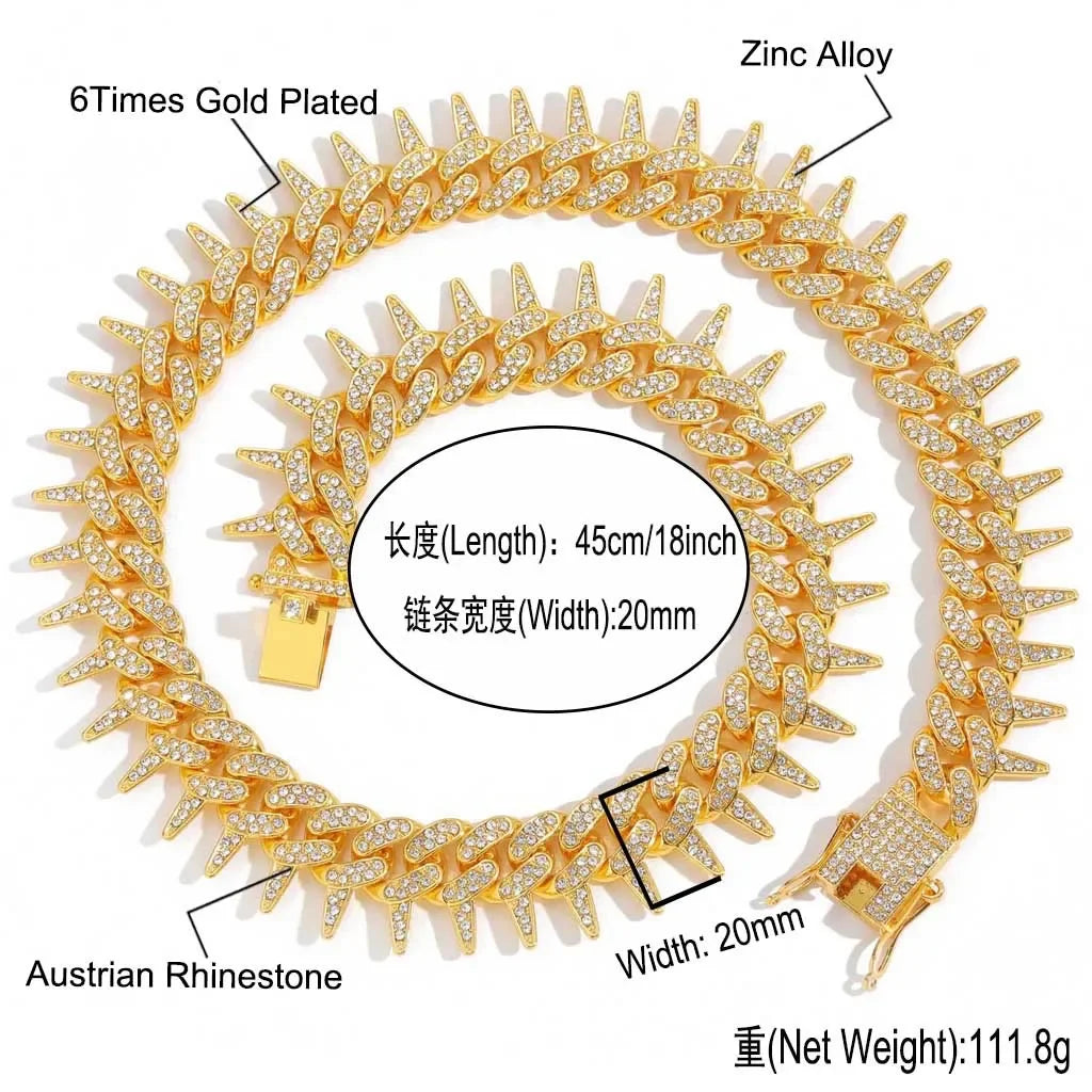 Full Diamond 20mm Thorn Thorn Set Diamond Cuban Chain Punk Retro Hip Hop Chic Bracelet Collarbone Chain Hip Hop Accessory