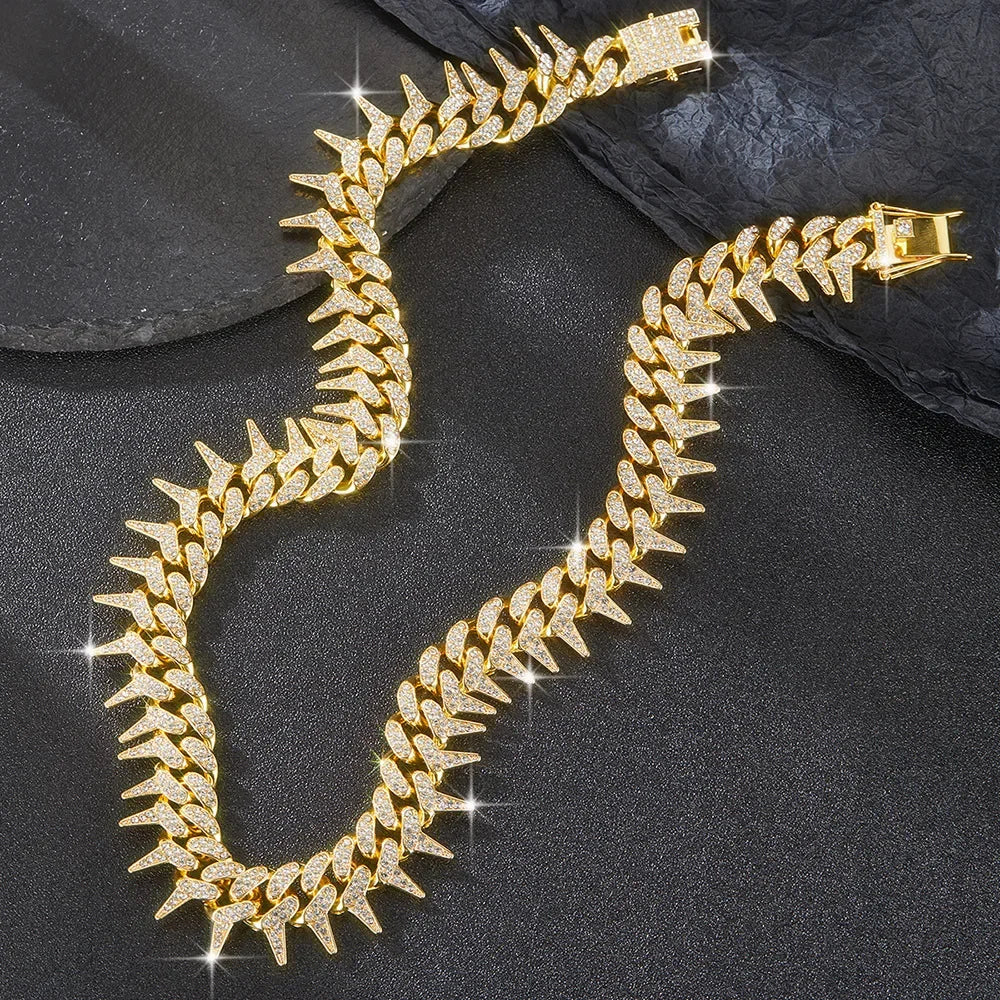 Full Diamond 20mm Thorn Thorn Set Diamond Cuban Chain Punk Retro Hip Hop Chic Bracelet Collarbone Chain Hip Hop Accessory