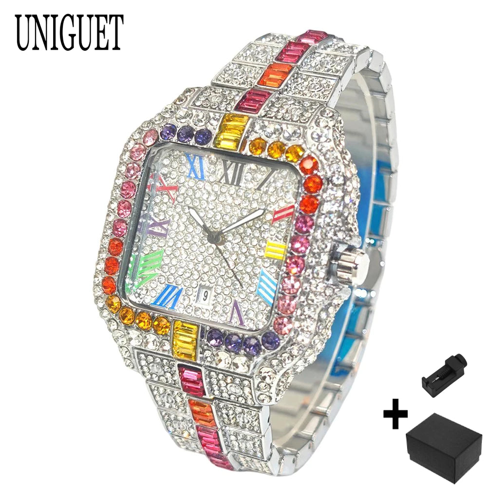 Rainbow Diamond Watches Men Fashion Full Ice