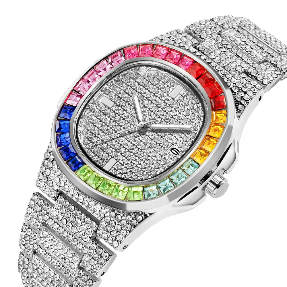 Iced Out Rounded Stainless Steel Rainbow Color Watch Quartz