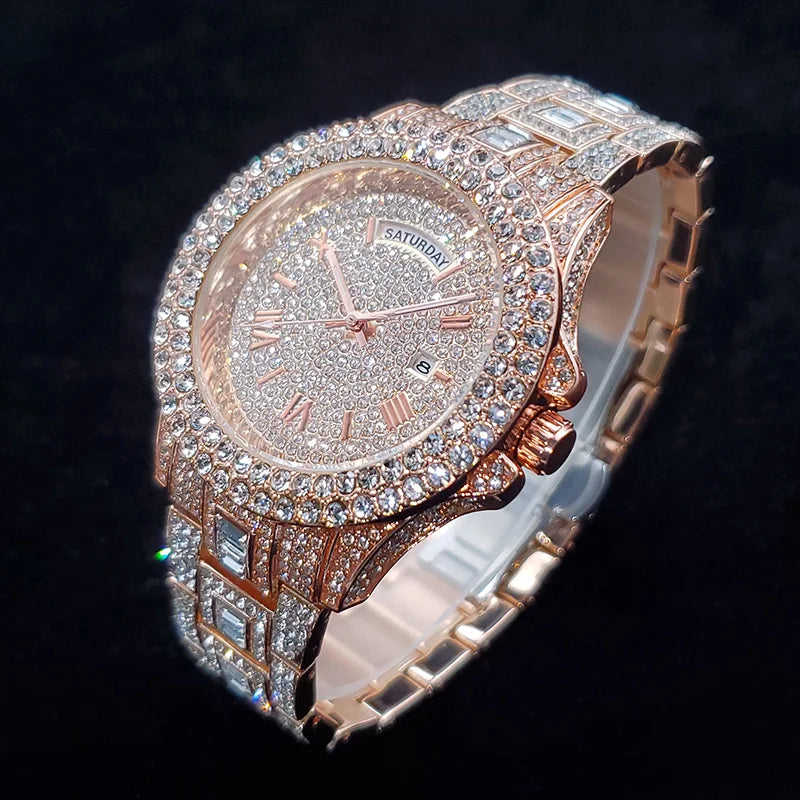 Luxury Diamond Watch for Men Fashion Silver Stainless Steel Quartz