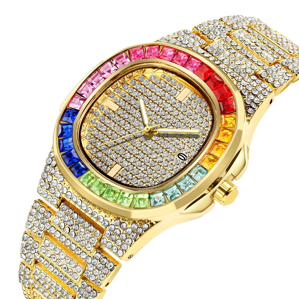 Iced Out Rounded Stainless Steel Rainbow Color Watch Quartz