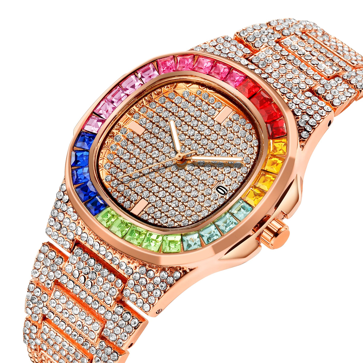Iced Out Rounded Stainless Steel Rainbow Color Watch Quartz