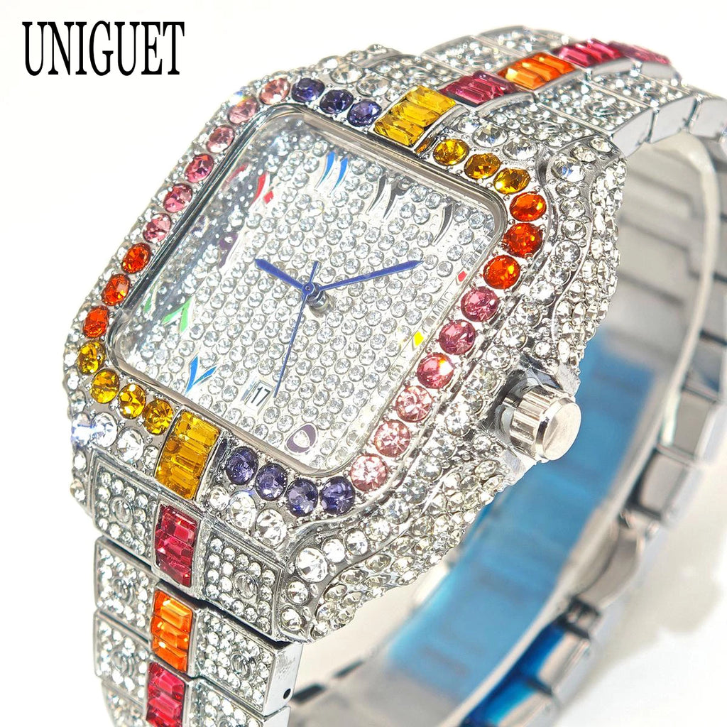 Rainbow Diamond Watches Men Fashion Full Ice